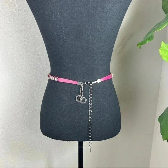 Teen Girl Rhinestone Belt Fuchsia Leather Chainlink Extension Silver Tone Belt - Picture 10 of 12